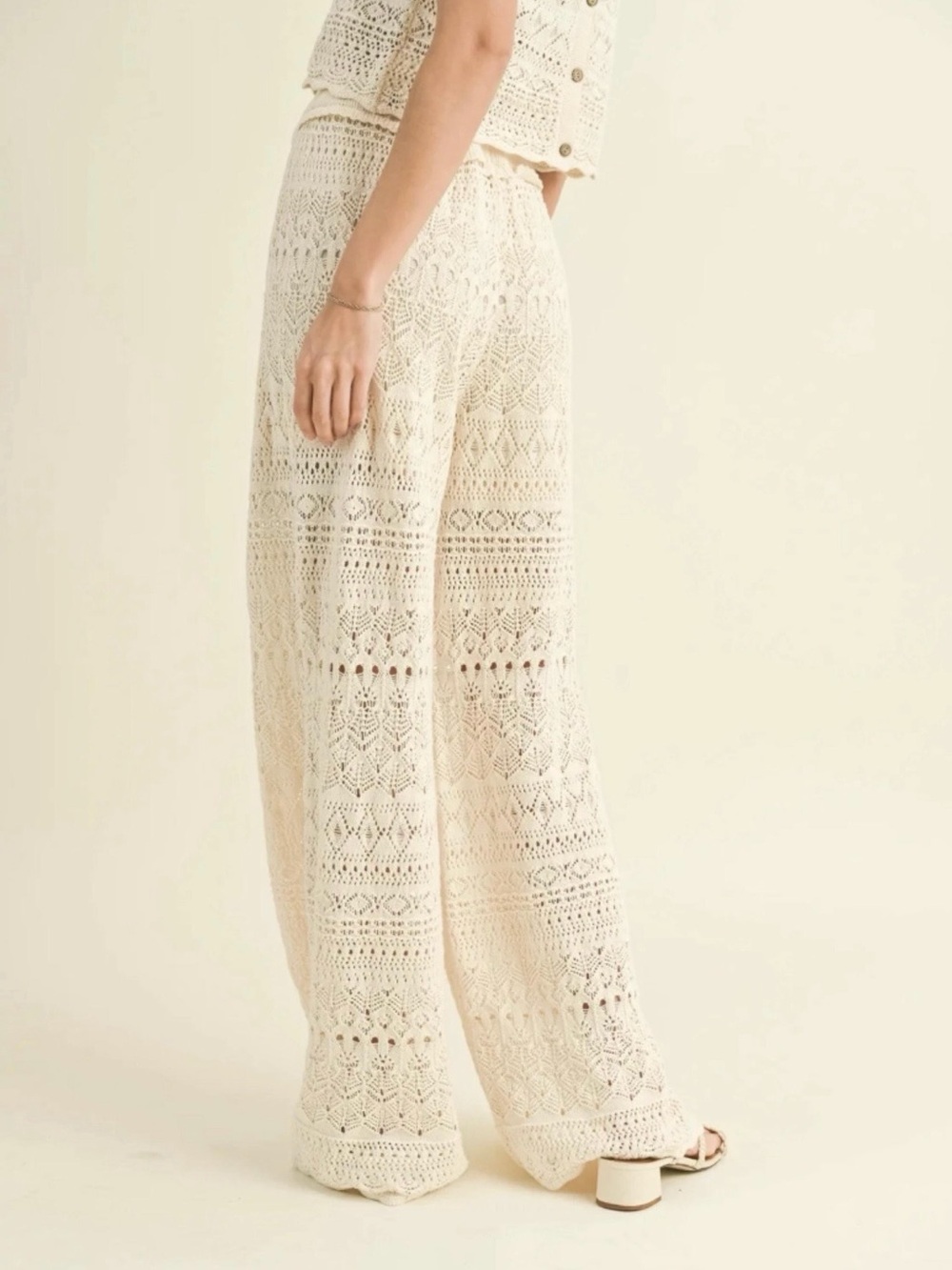 Miou Muse Crochet Wide-Leg Pants in Cream 100% Cotton - Picture 2 of 6